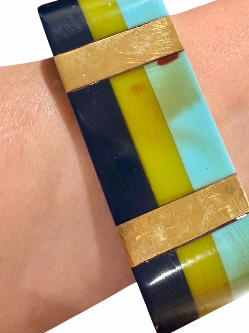 VINTAGE Square Bangle Laminated Striped Brass Inlay Chunky 70g